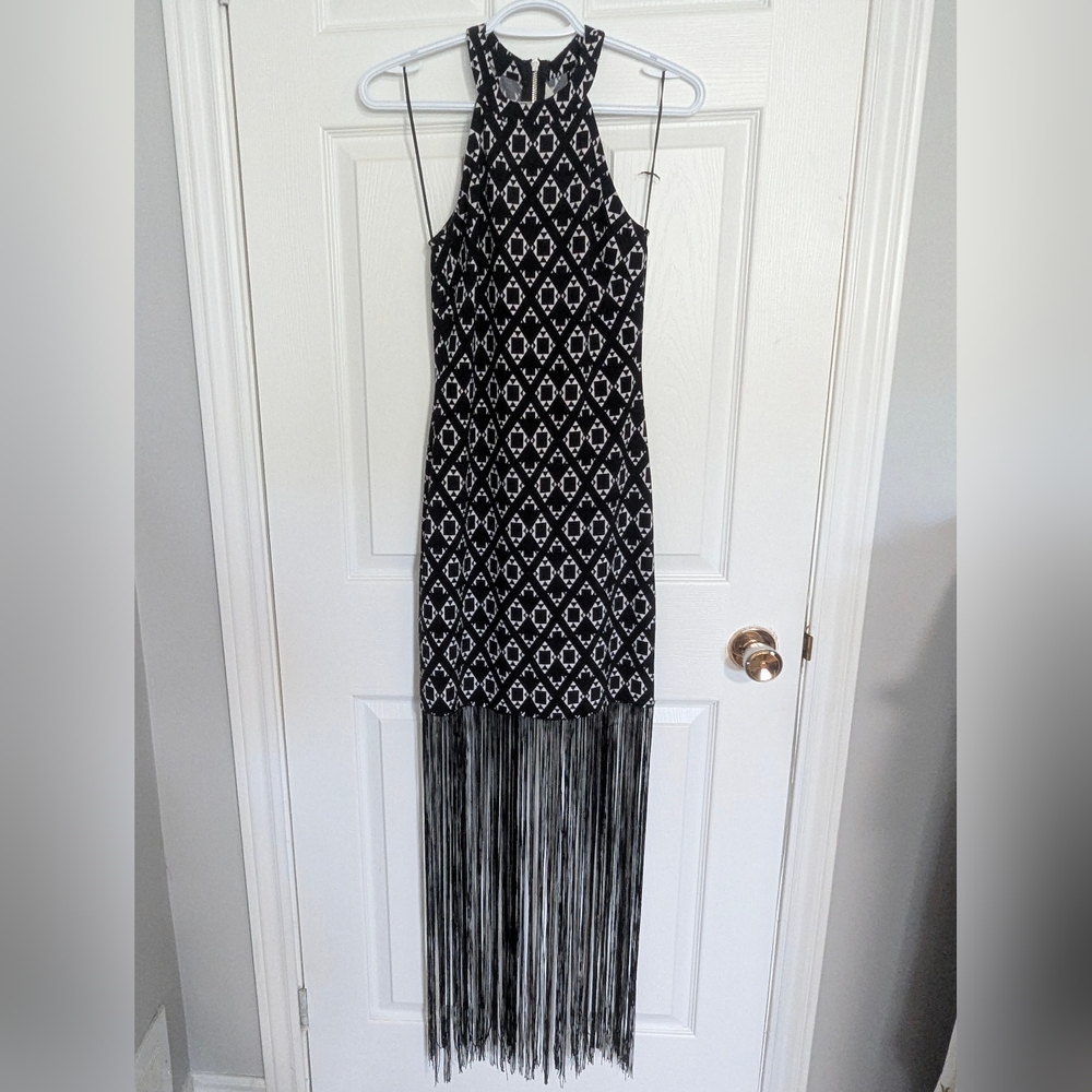 H&M Black and White Geometric Midi Dress with Fringe